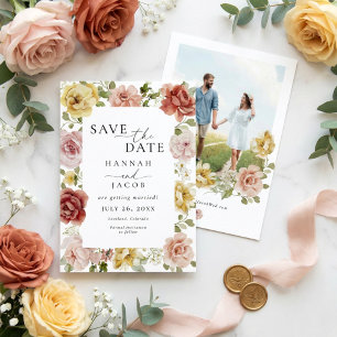Elegant Floral Blue Pink and Yellow Photo Wedding Save The Date