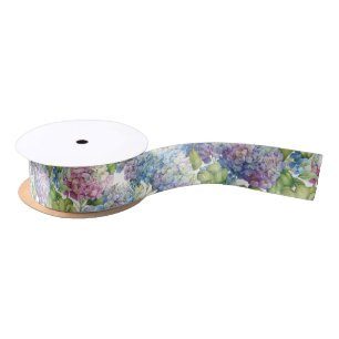Elegant Floral Blue Pink Hydrangea Pattern Satin Ribbon