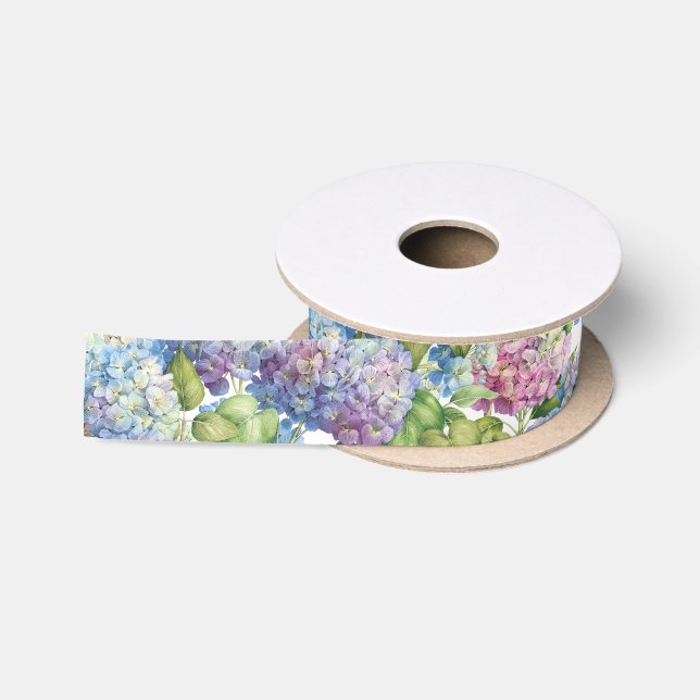 Elegant Floral Blue Pink Hydrangea Pattern Satin Ribbon (Spool)