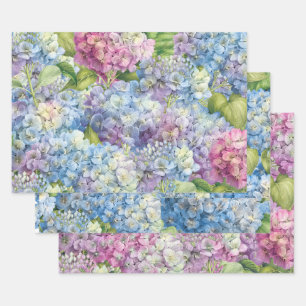 Elegant Floral Blue Pink Hydrangea Pattern Wrapping Paper Sheet
