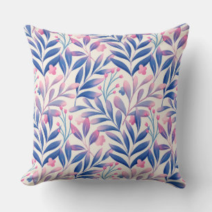Elegant Floral Blue Pink Leaf Pattern Throw Pillow