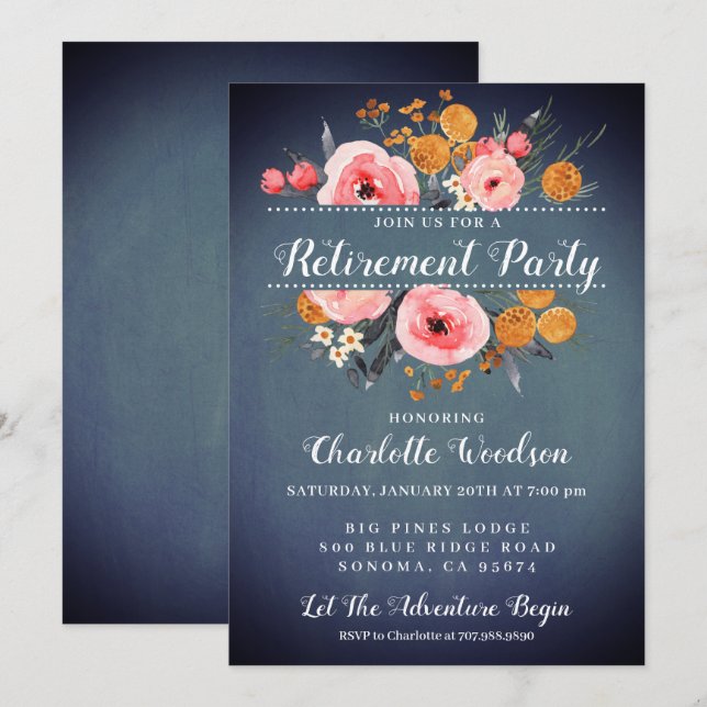 Elegant Floral Blue Retirement Party Invitation (Front/Back)