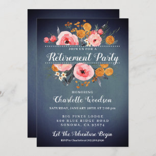 Elégant Floral Blue Retraite Party Invitation