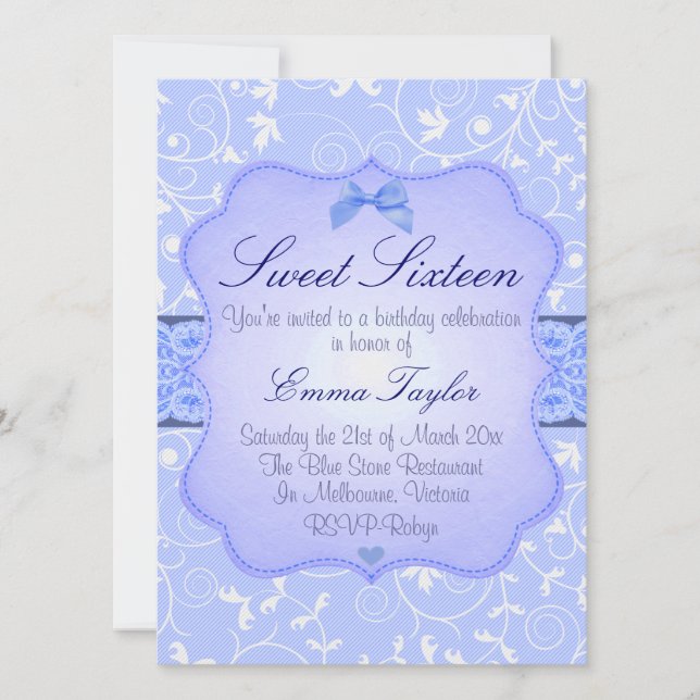 Elegant Floral Blue Sweet16 Birthday Invitation (Front)