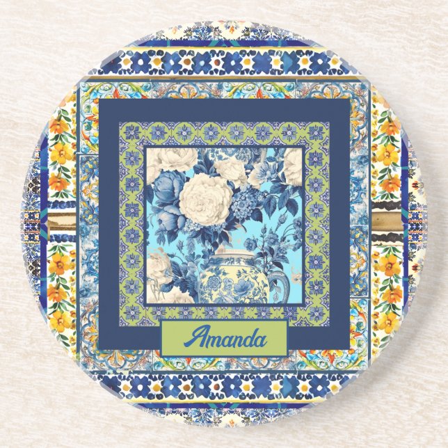 Elegant floral blue tile chinoiserie monogram coaster (Front)