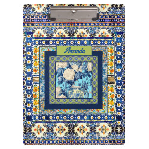Elegant floral blue tile chinoiserie monogram note clipboard