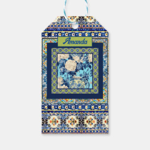 Elegant floral blue tile chinoiserie monogram note gift tags