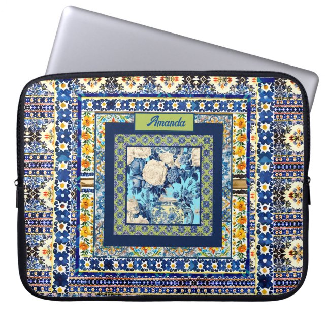 Elegant floral blue tile chinoiserie monogram note laptop sleeve (Front)