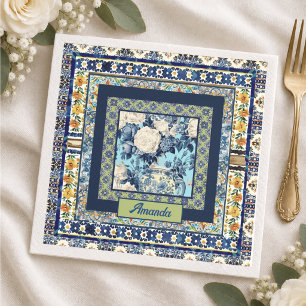 Elegant floral blue tile chinoiserie monogram note napkin