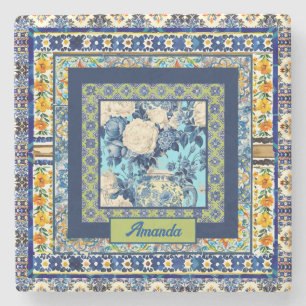 Elegant floral blue tile chinoiserie monogram note stone coaster