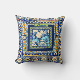Elegant floral blue tile chinoiserie monogram note throw pillow