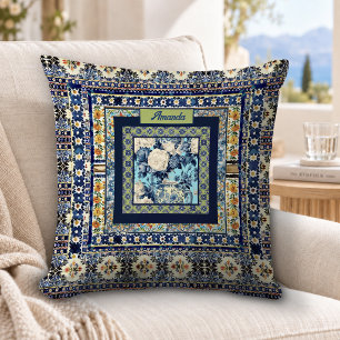 Elegant floral blue tile chinoiserie monogram note throw pillow