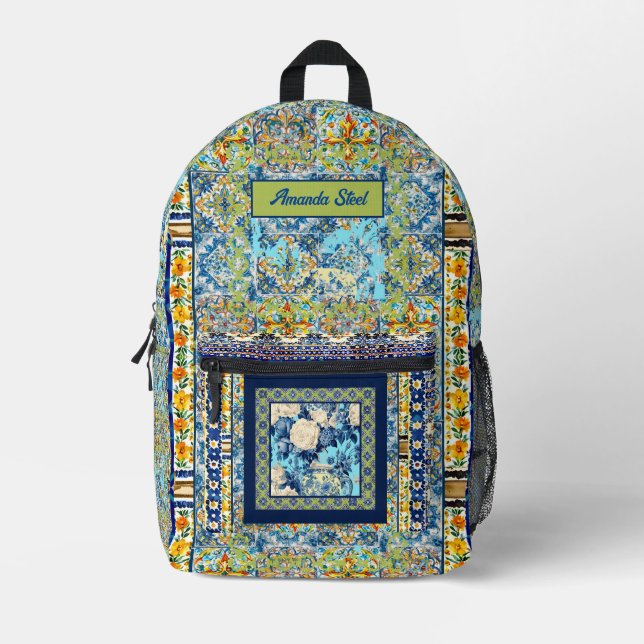 Elegant floral blue tile chinoiserie monogram printed backpack (Front)