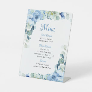 Elegant Floral Blue Watercolor Roses Wedding Menu Pedestal Sign