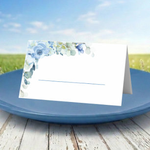 Elegant Floral Blue Watercolor Roses Wedding Place Card