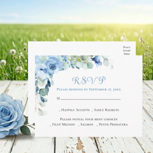 Elegant Floral Blue Watercolor Roses Wedding RSVP Postcard