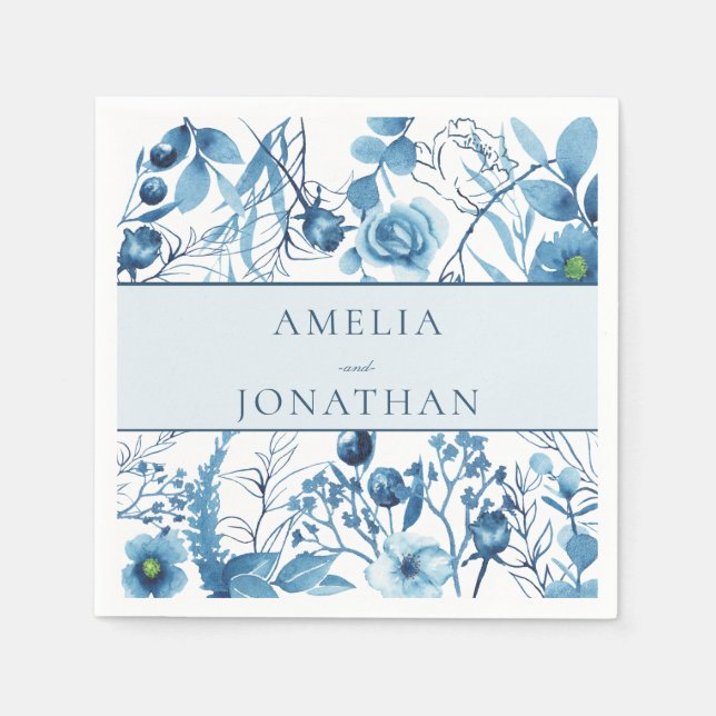 Elegant Floral Blue Wedding Napkin (Front)