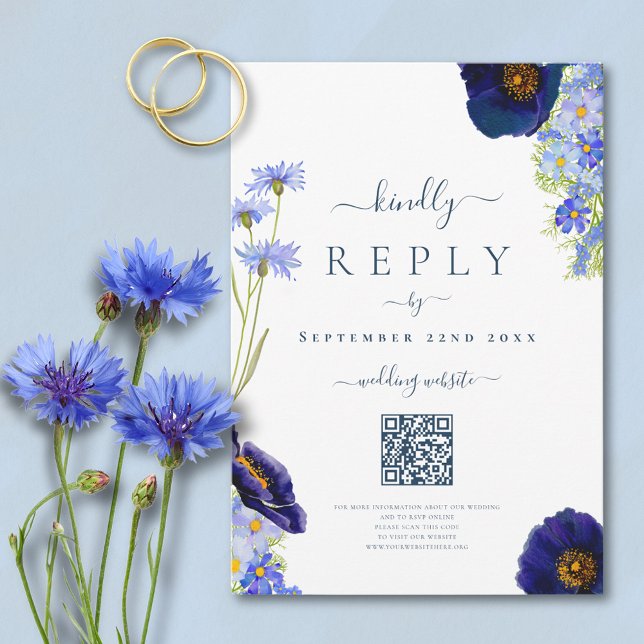 Elegant Floral Blue Wedding Response QR Code (Elegant stylish blue summer floral QR code wedding reply card with watercolor wildflower artwork)