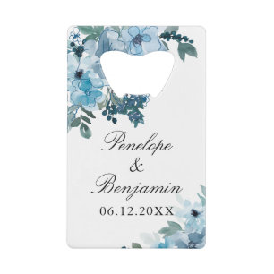 Elegant Floral Blue Wedding Thank You Favours Credit Card Bottle Opener