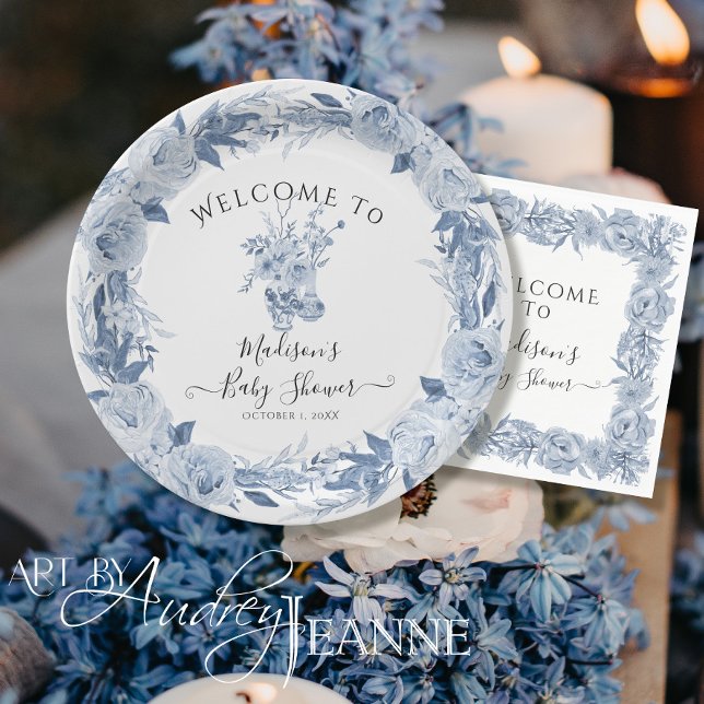 Elegant Floral Blue White Welcome Baby Girl Shower Paper Plate (Creator Uploaded)