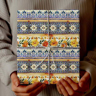 Elegant floral blue yellow stripes wrapping paper