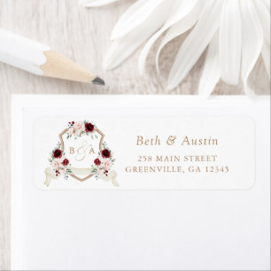 Elegant Floral Blush Burgundy Crest Return Address