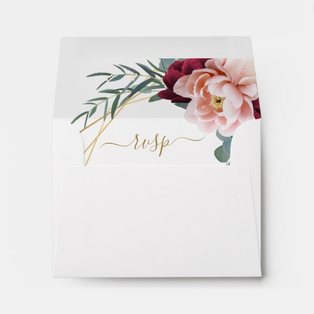 Elegant Floral Blush Burgundy Gold Wedding RSVP Envelope (Back (Bottom))