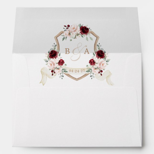 Elegant Floral Blush Burgundy Wedding Crest Envelope (Back (Bottom))