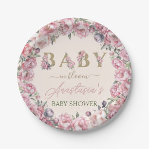 Elegant Floral Blush Peonies in Bloom Baby Shower Paper Plate