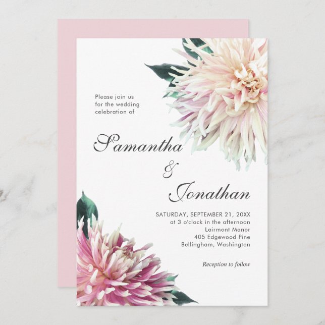 Elegant Floral Blush Pink Dahlia Wedding Invitation (Front/Back)