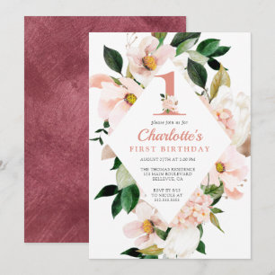 Elegant Floral Blush Pink First Birthday Invitation