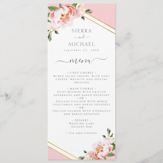 Elegant Floral Blush Pink Gold Wedding Reception Menu (Front)