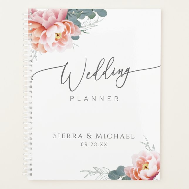 Elegant Floral Blush Pink Peony Greenery Wedding Planner (Front)
