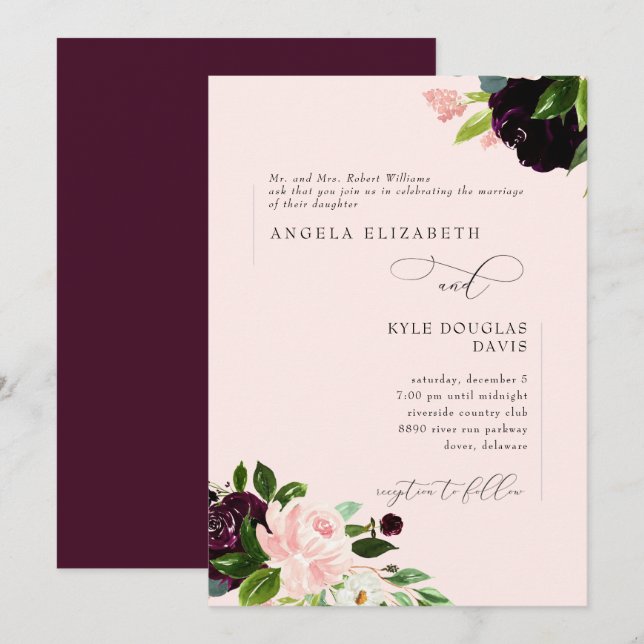 Elegant Floral Blush & Wine Bride Parents Wedding Invitation (Front/Back)