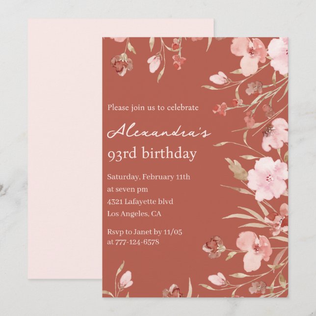 Elegant Floral Boho 93rd birthday invitations  (Front/Back)
