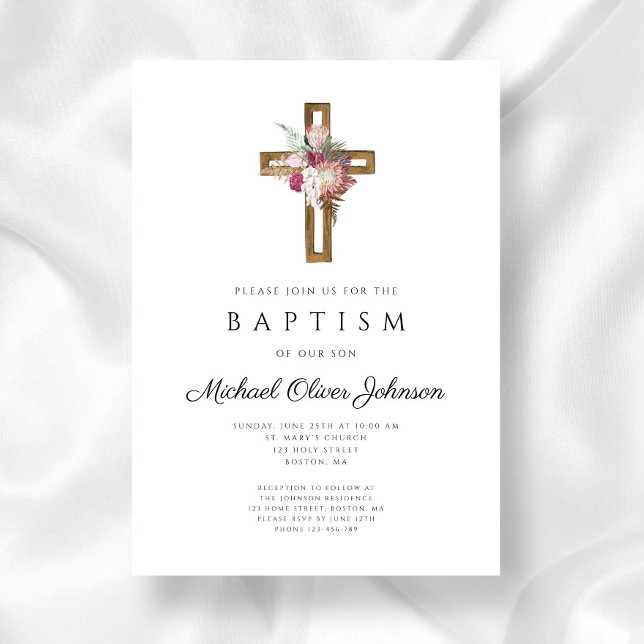 Elegant Floral Boho Cross Baptism  Invitation (Elegant Floral Boho Cross Baptism Invitation)
