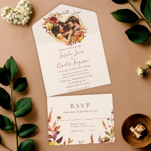 Elegant Floral Boho Fall in Love Photo Wedding All In One Invitation
