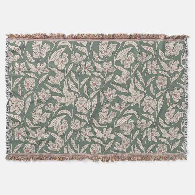 Elegant Floral Boho Pink & Dark Green Botanical Throw Blanket (Front)