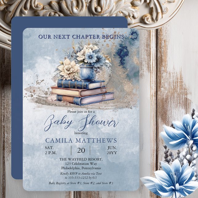 Elegant Floral Books Our Next Chapter Baby Shower Invitation (Rustic Vintage Look Elegance "Our Next Chapter Begins" Old Books and Florals Blue Baby Shower Invite)