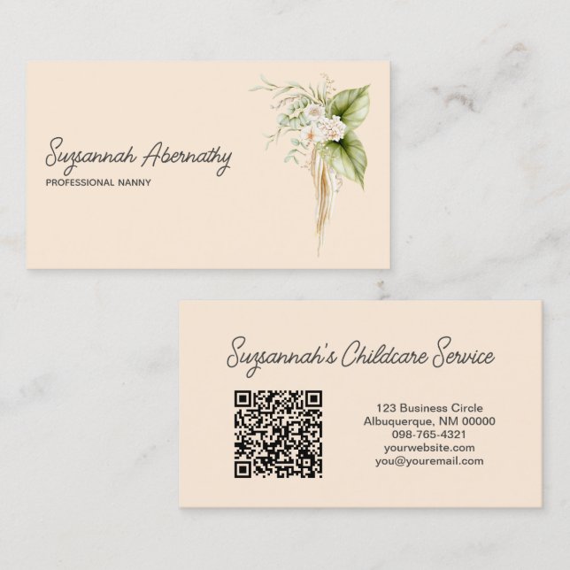 Elegant Floral Border Right Front QR Code Back Business Card (Front/Back)