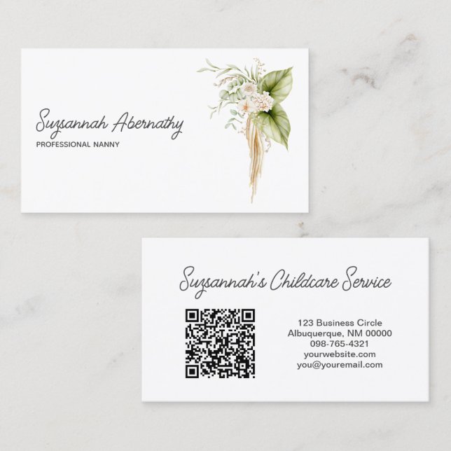 Elegant Floral Border Right Front QR Code Back Business Card (Front/Back)