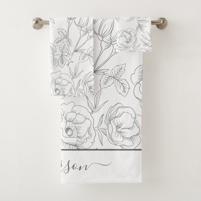 Elegant Floral Botanical Grey White Monogram Bath Towel Set (Insitu)