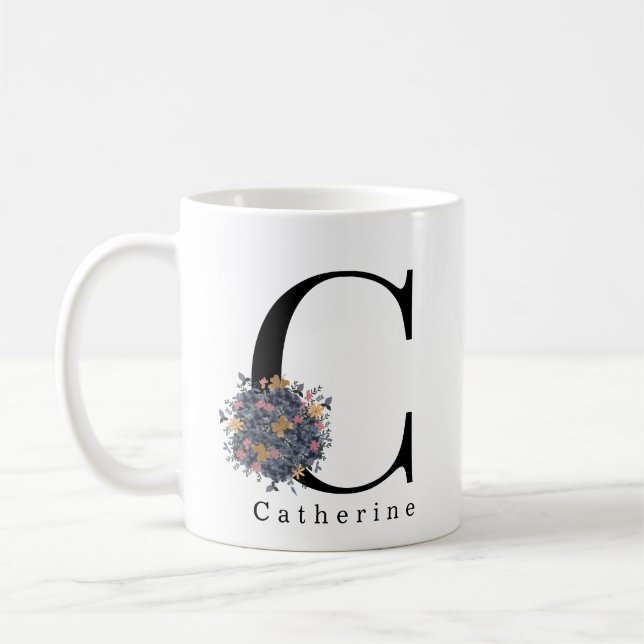Elegant Floral Botanical Monogram | Custom Text  Coffee Mug (Left)