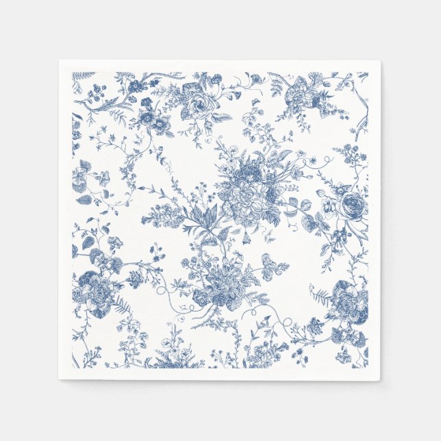 Elegant Floral Botanical Navy Blue Toile Wedding Napkin (Front)