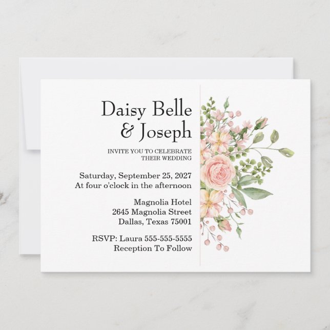 Elegant Floral Botanical Rose Pink Wedding Invitation (Front)