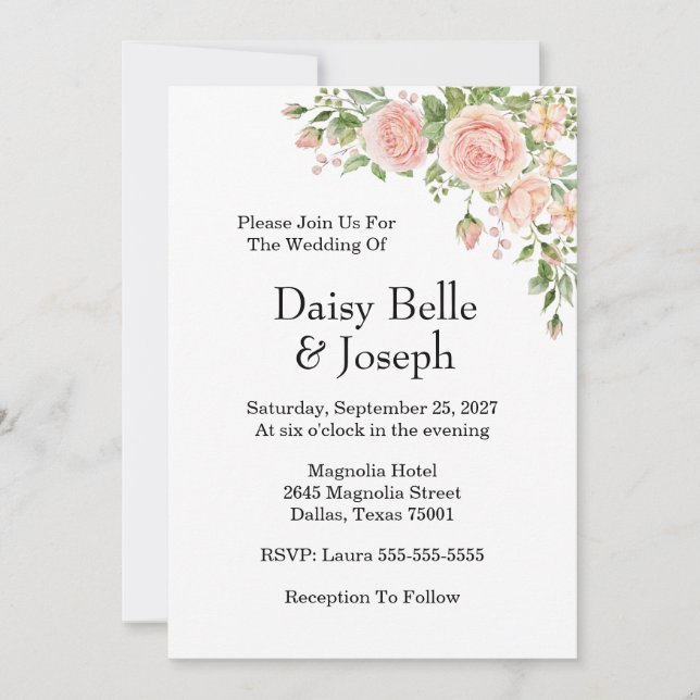 Elegant Floral Botanical Rose Pink Wedding Invitation (Front)