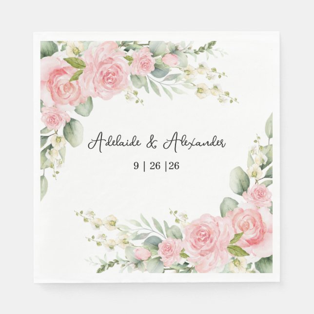 Elegant Floral Botanical Rose Pink Wedding Napkin (Front)