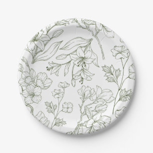 Elegant Floral Botanical Sage Green Paper Plate