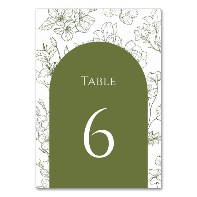 Elegant Floral Botanical Sage Green Wedding Table Number (Front)