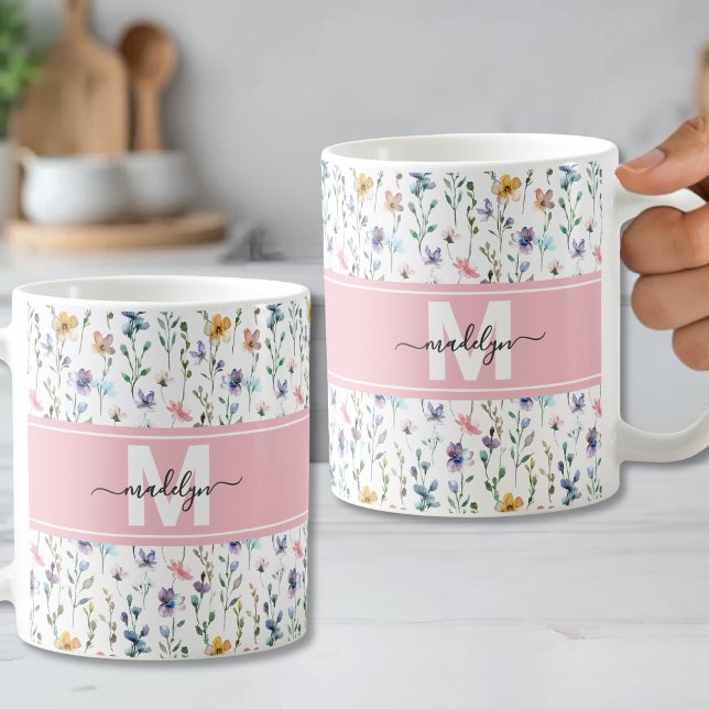 Elegant Floral Botanical Script Monogram Coffee Mug (Elegant Floral Botanical Script Monogram Coffee Mug)